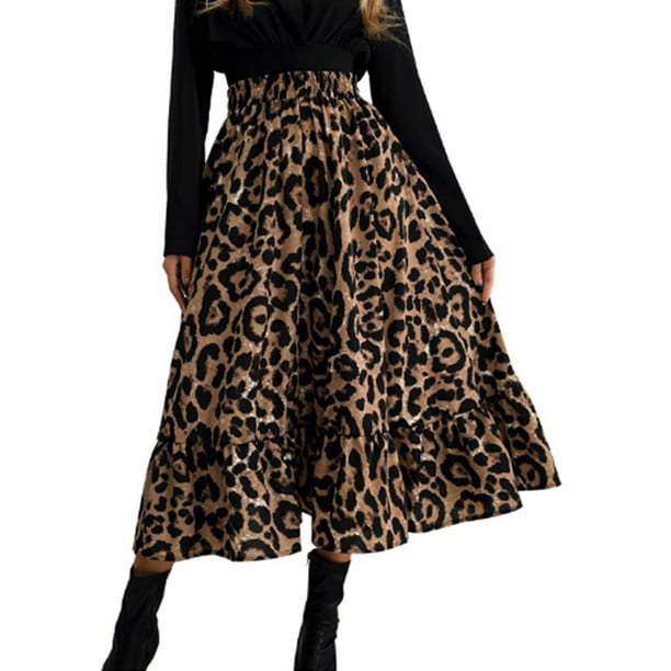 Womens Leopard Ruffle Midi Skirt Ladies High Waist Dress Party Holiday Club Wear